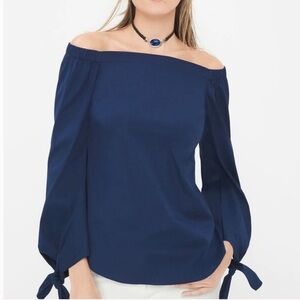NWT White House Black Market Navy Off The Shoulder Poplin Tie Sleeve Top, XS